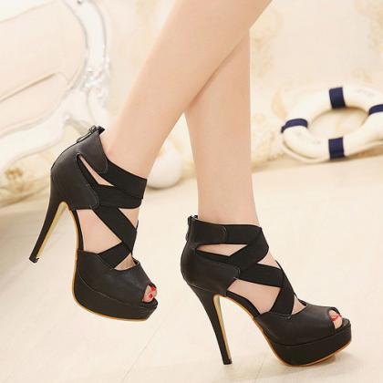 High Heel Cross Strap Black Pu Sandals on Luulla