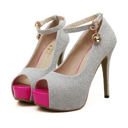 silver peep toe heels with ankle strap