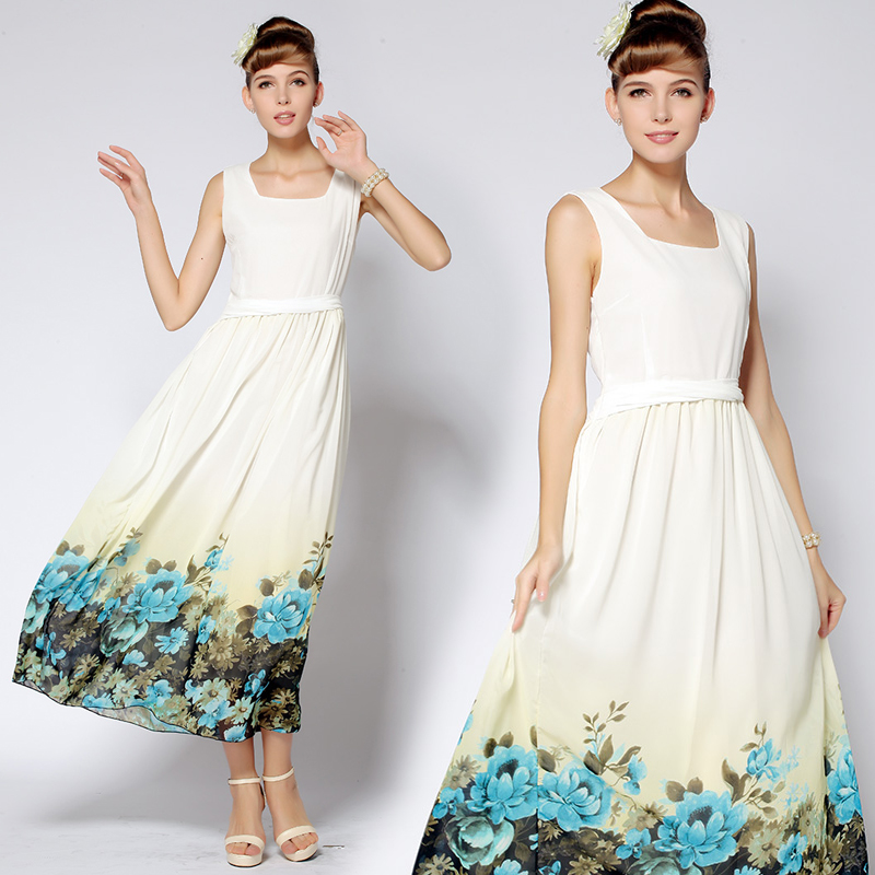 Designer Princess Style Chiffon Maxi Dress With Blue Flowers on Luulla