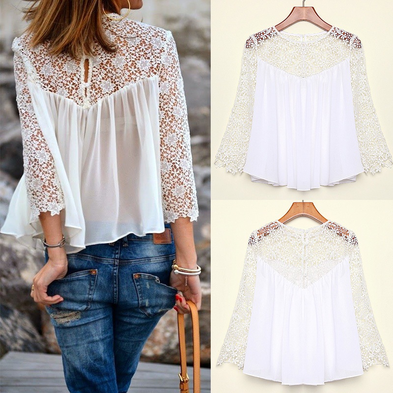 Spring Summer Women Blouses Fashion Casual Lace Shirts Chiffon Blouses White Lace Tops On Luulla