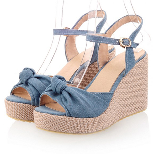 Women's Denim Knot Wedge Sandals, Fashion Peep Toe Ankle Strap