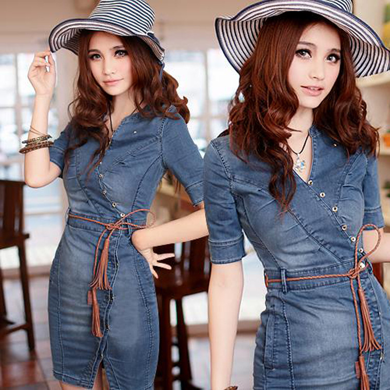 Summer Denim Bodycon Jumpsuit With Short Sleeves, Fashionable