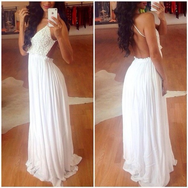white lace backless maxi dress