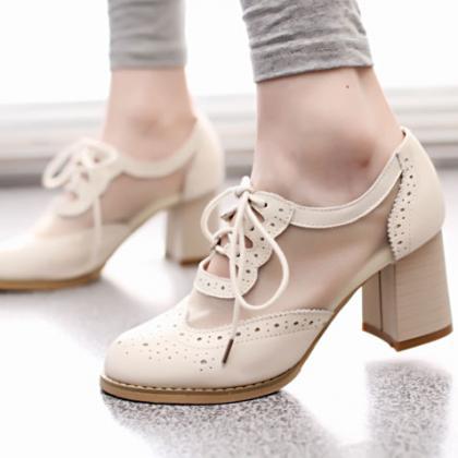 Cutout Mesh Block Heel Lace Up Oxford Shoes on Luulla