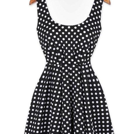 polka scoop dot pattern backless shirred waist dress