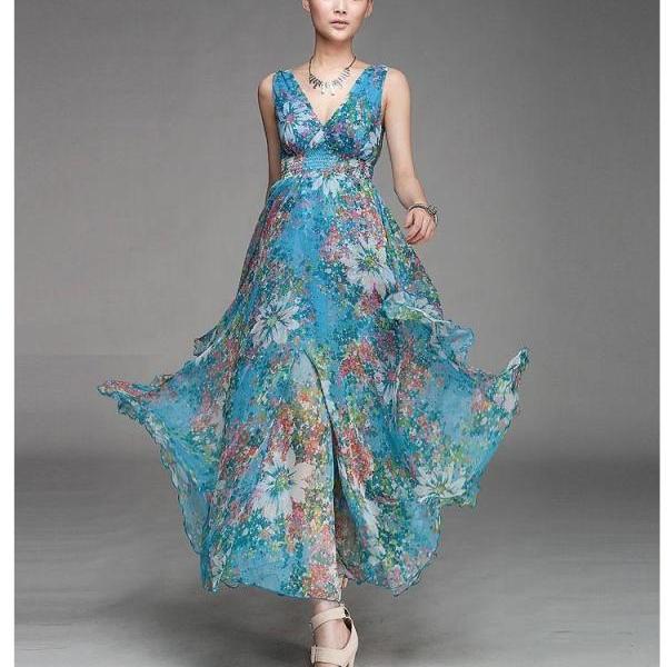 Blue V-Neck Floral Chiffon Ankle-Length Maxi Dress on Luulla