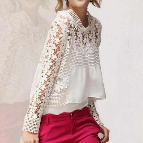 Openwork Round Neck Long Sleeve Knit Top main image 1