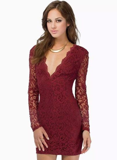 long sleeve red v neck dress